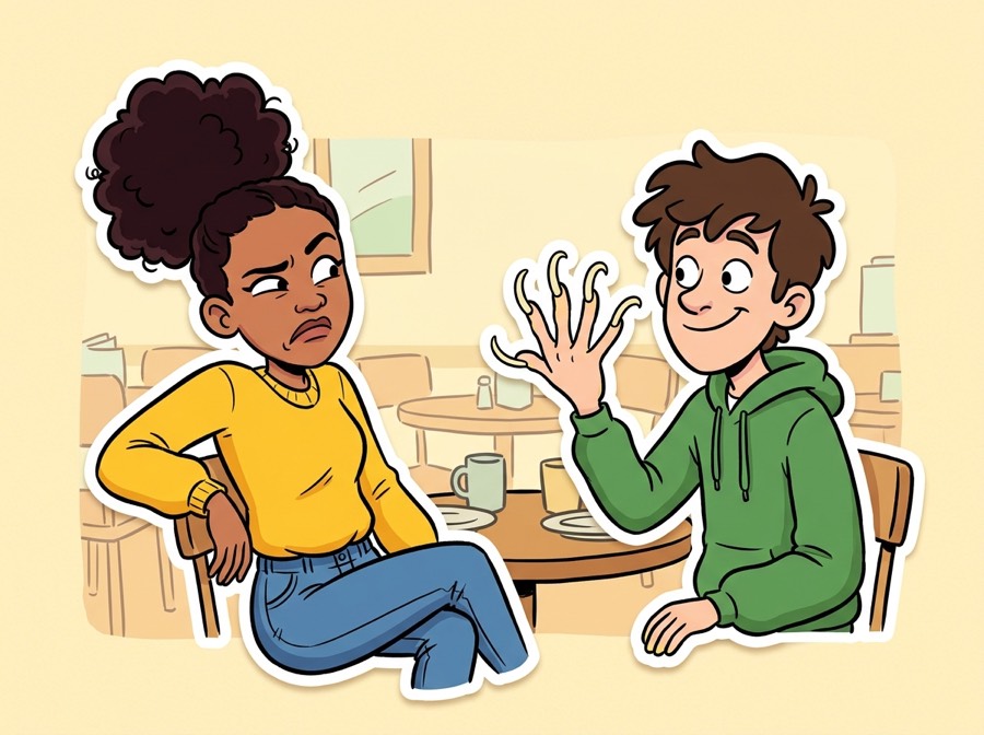 Cartoon girl grossed out at a cafe while her date shows off very long fingernails